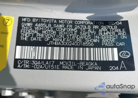 2004 Lexus Es 330 из США, поврежденный, VIN JTHBA30G240018556